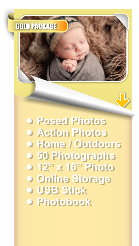 •	Posed Photos •	Action Photos •	Home / Outdoors •	50 Photographs •	12” x 16” Photo •	Online Storage •	USB Stick •	Photobook GOLD PACKAGE