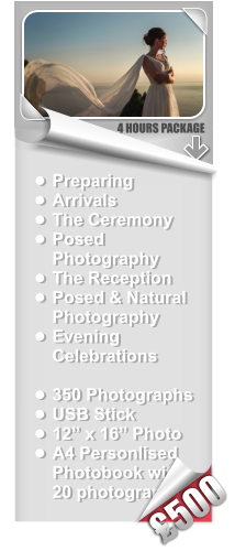 •	Preparing •	Arrivals  •	The Ceremony •	Posed Photography •	The Reception •	Posed & Natural Photography •	Evening Celebrations •	350 Photographs •	USB Stick •	12” x 16” Photo •	A4 Personlised Photobook with 20 photographs 4 HOURS PACKAGE £500
